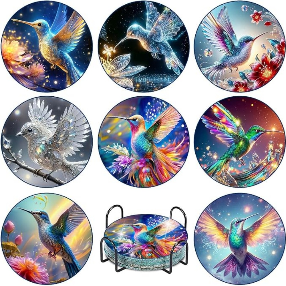 Resin Art Coasters - 8 Parça Elmas Sanatı Resimli Bardak