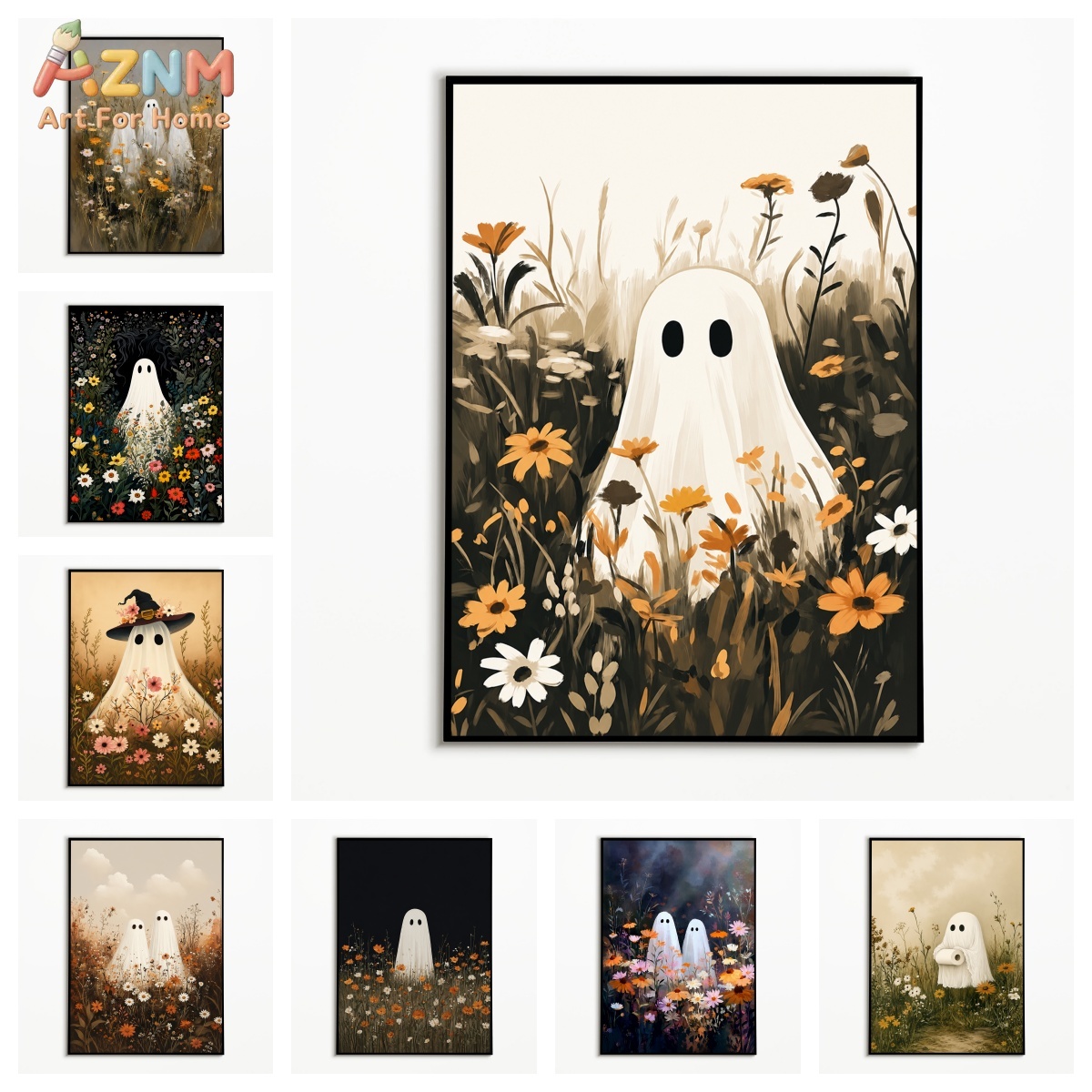Resin Art Wall Decor - AZNM Vintage Çiçekli Çayır Sevimli Hayalet