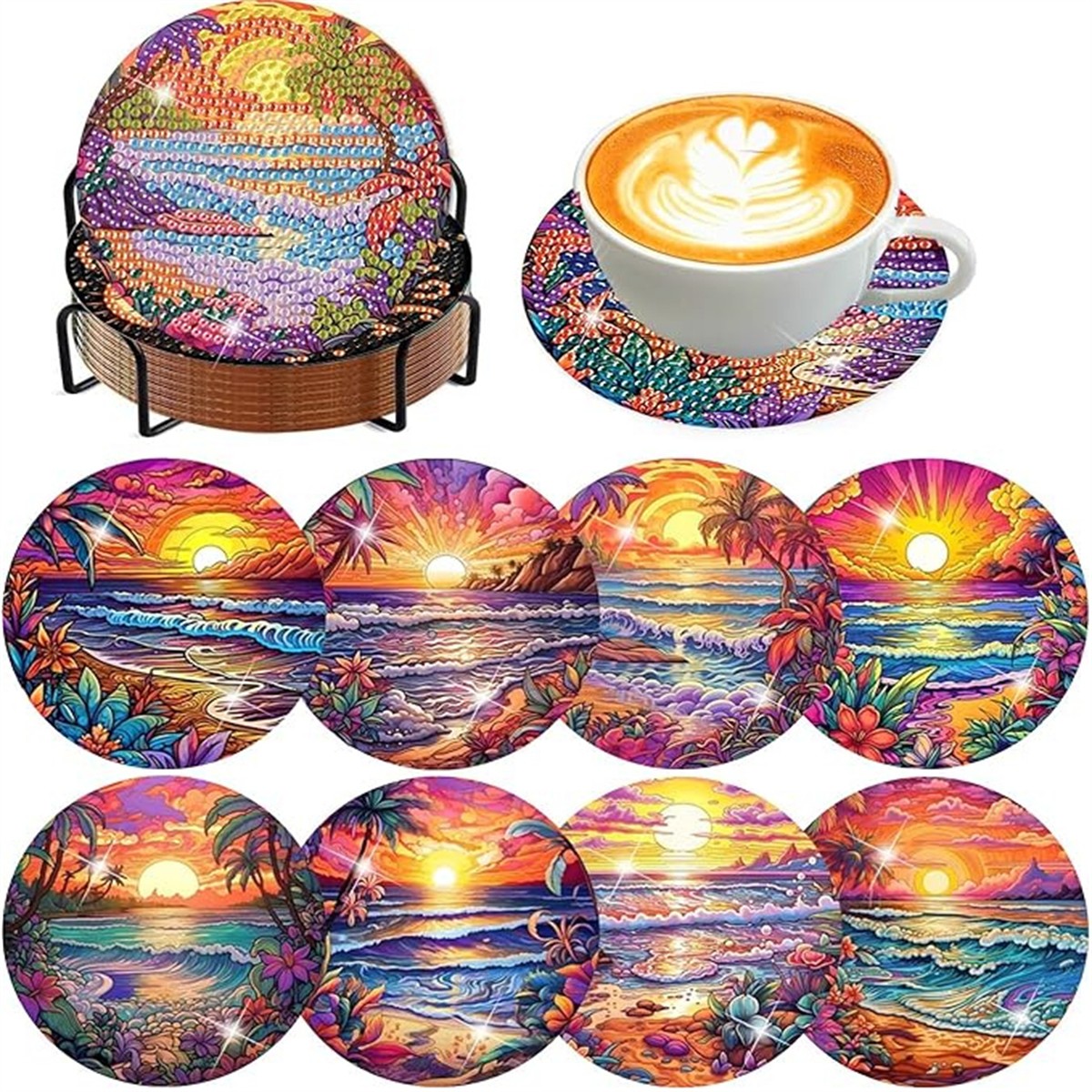 Resin Art Coasters - 8 Parça/Set Elmas Boyalı Bardak Altlığı